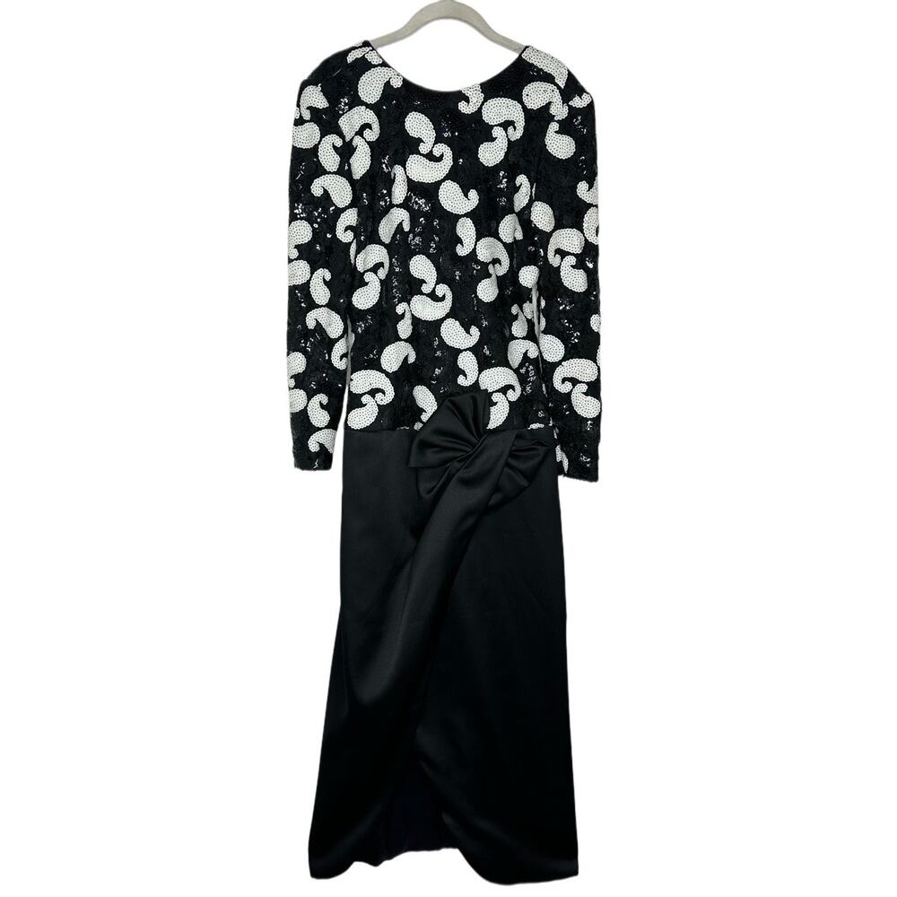 Vintage Sequin Black and White Big Bow Drop Waist Maxi Dress Sz 10 Martinique